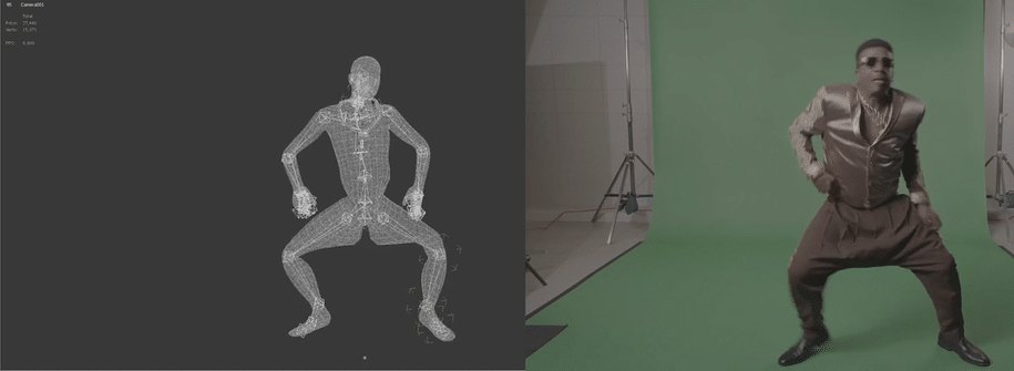 The MC Hammer AR character, motion capture rig beside the green screen shoot