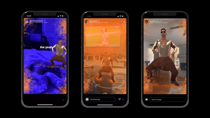 Three phones showing the lens inside Instagram Stories