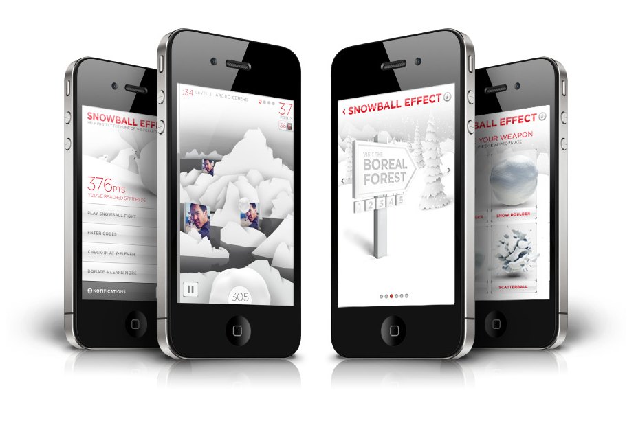 Four phones showing the Snowball Effect game, the leaderboard and the Boreal Forest level