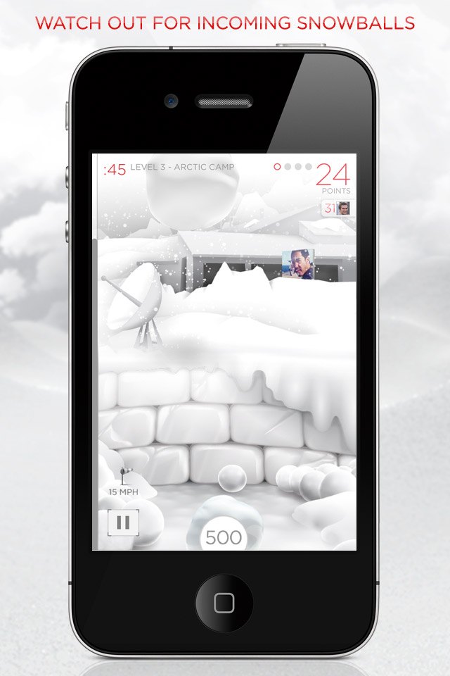 Snowball Effect game screen, watch out for incoming snowballs, the Arctic Camp level