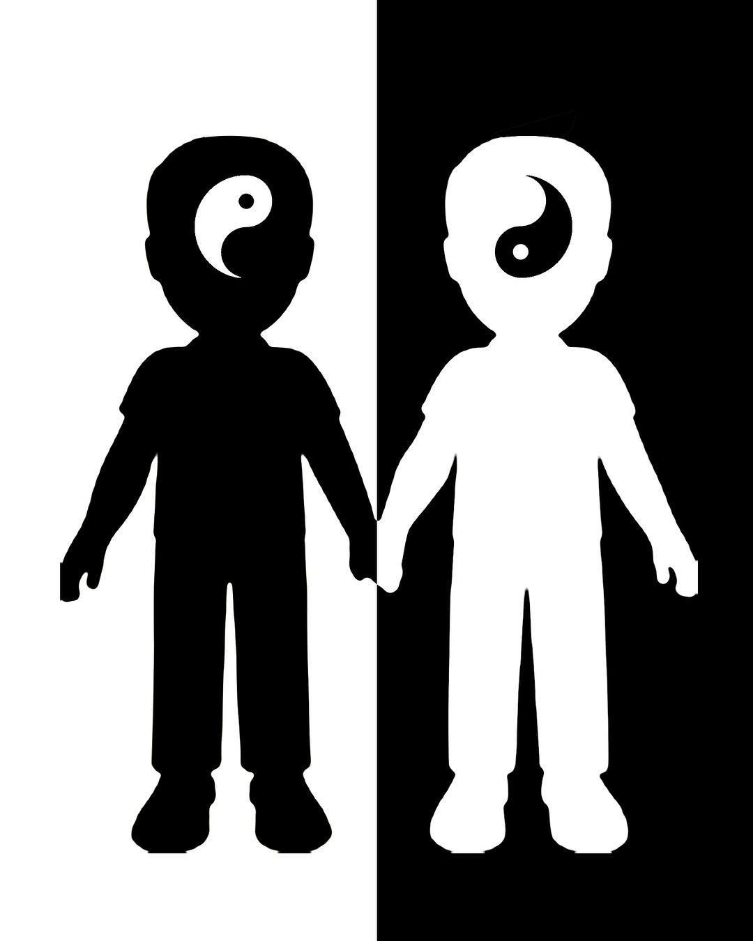 Emojions painting, two figures holding hands across a black and white split, with yin and yang heads