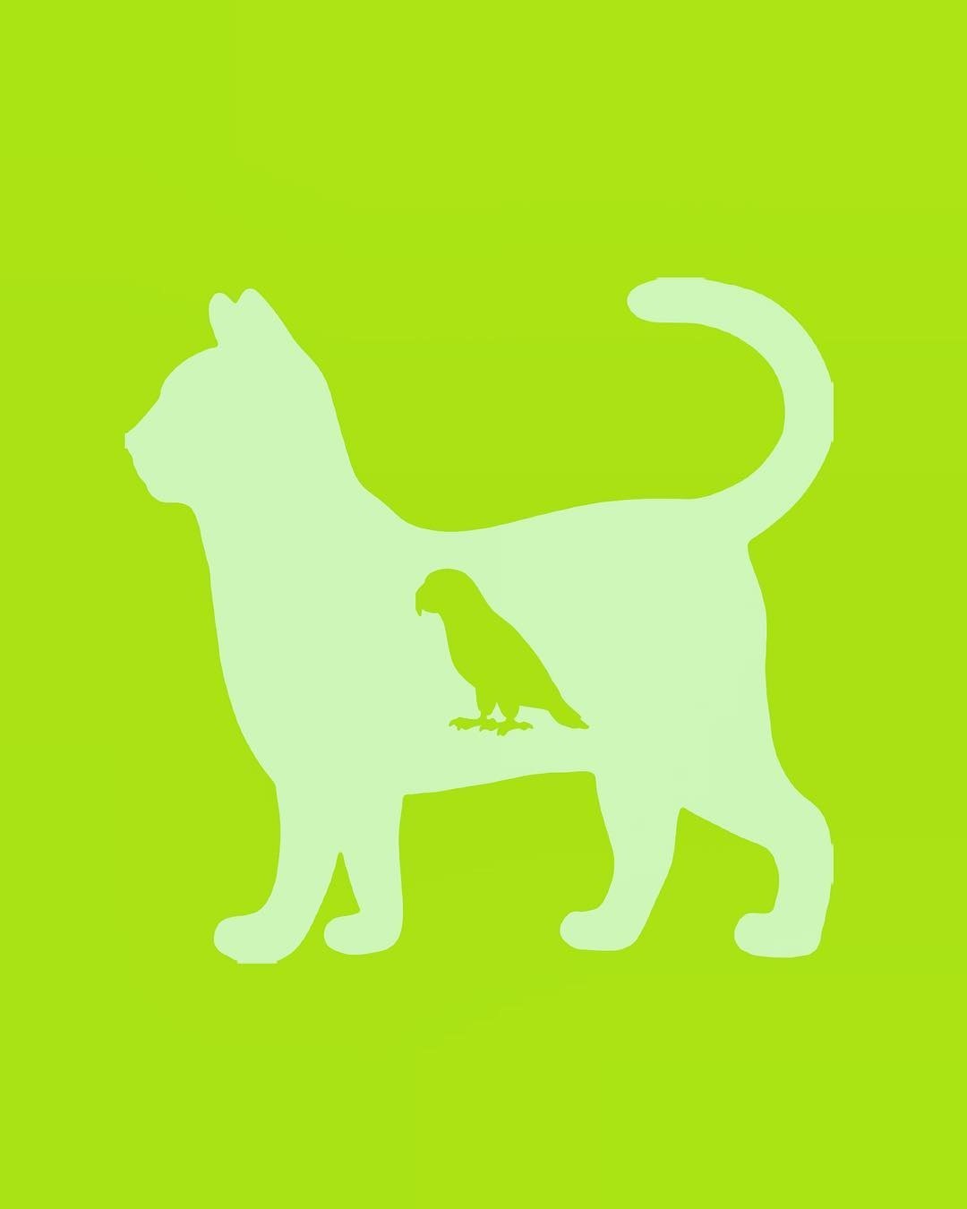 Emojions painting, a pale green cat carrying a small bird on its back, on lime