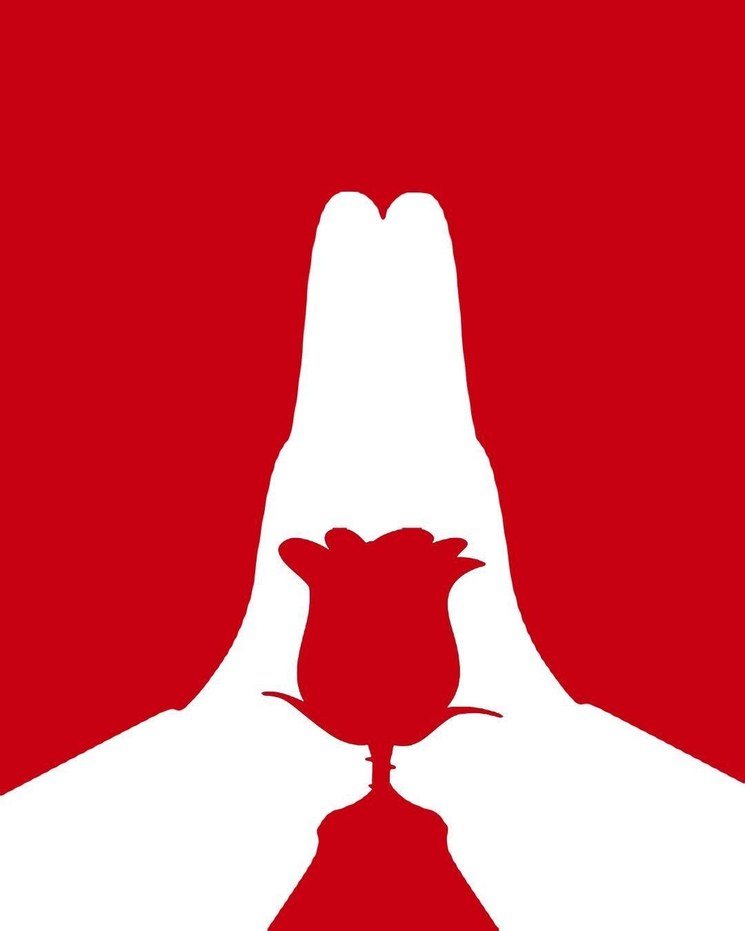 Emojions painting, praying hands rising out of a rose, in white on red
