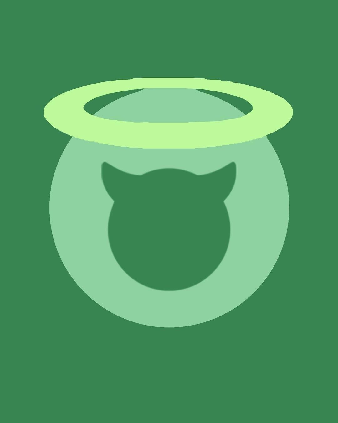 Emojions painting, a halo floating above a horned face, in pale green on dark green