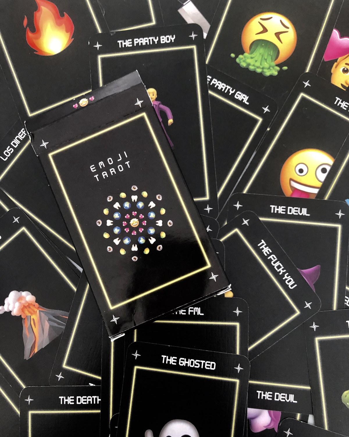 The Emoji Tarot deck, the printed cards spread out on a table