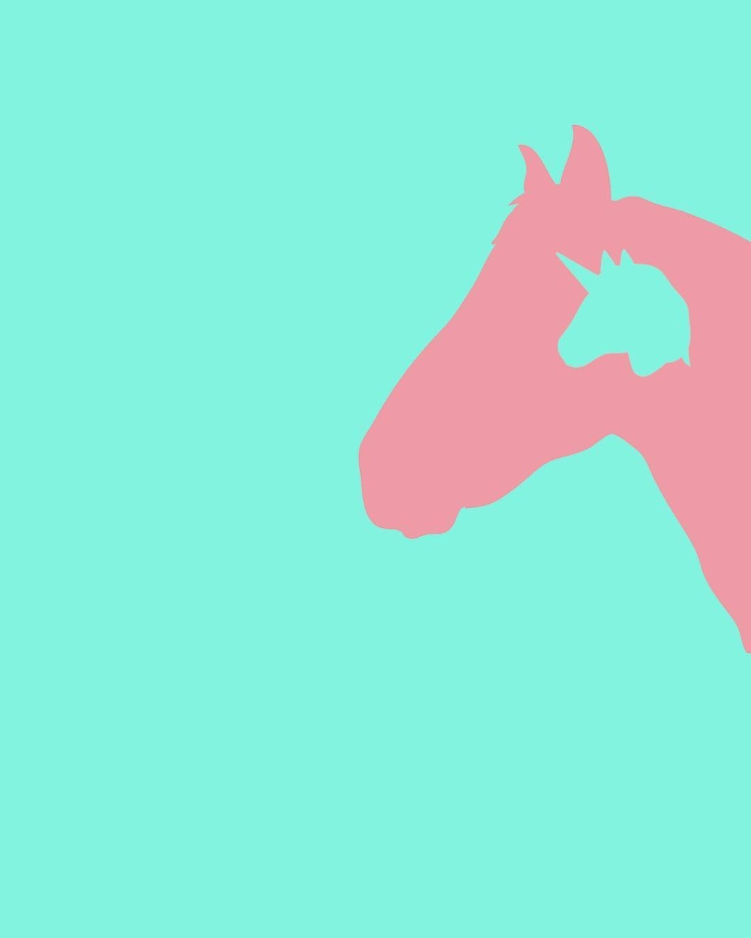 Emojions painting, a pink horse head with a unicorn silhouette inside it, on mint