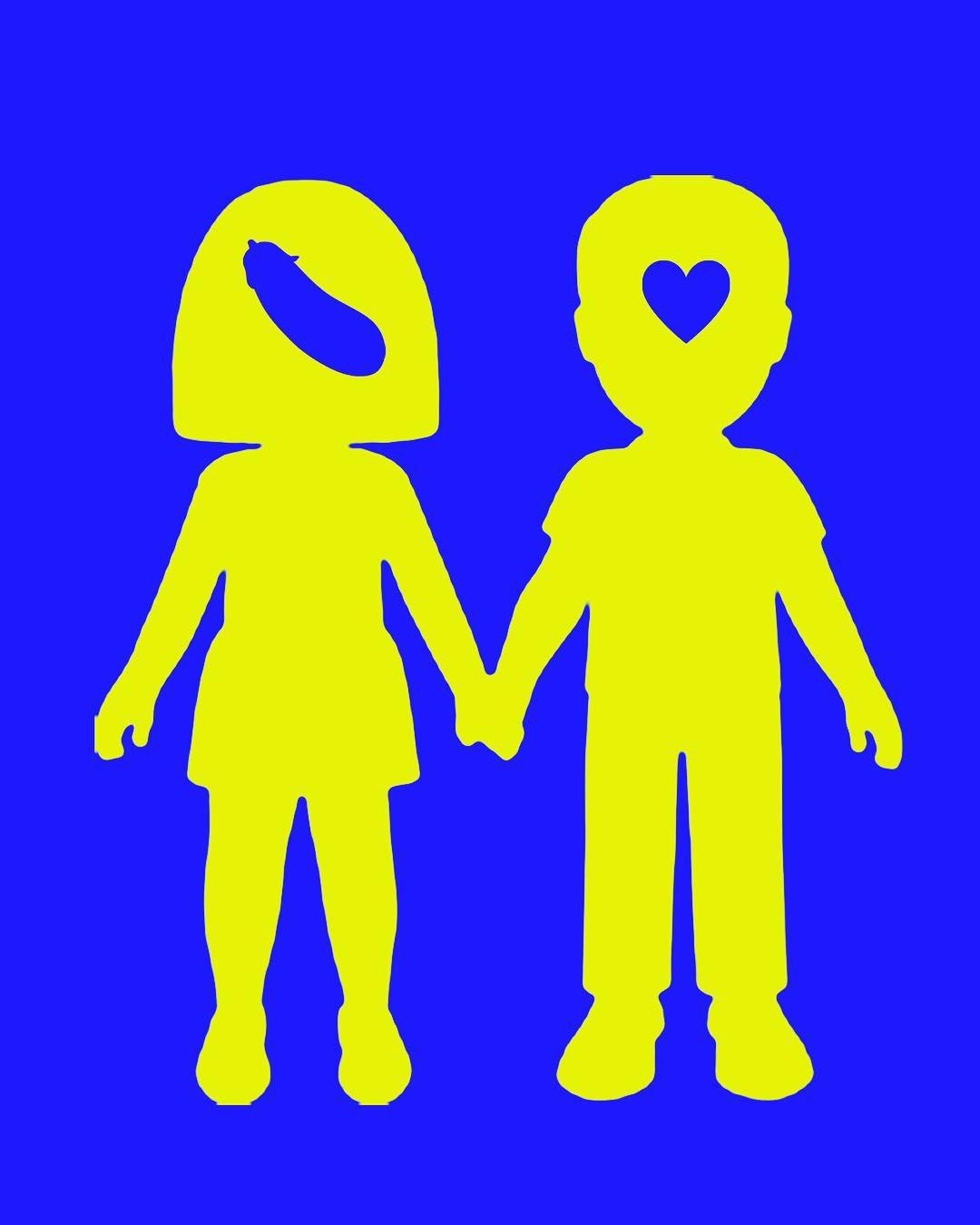 Emojions painting, a yellow couple holding hands, one with a heart for a head, on blue