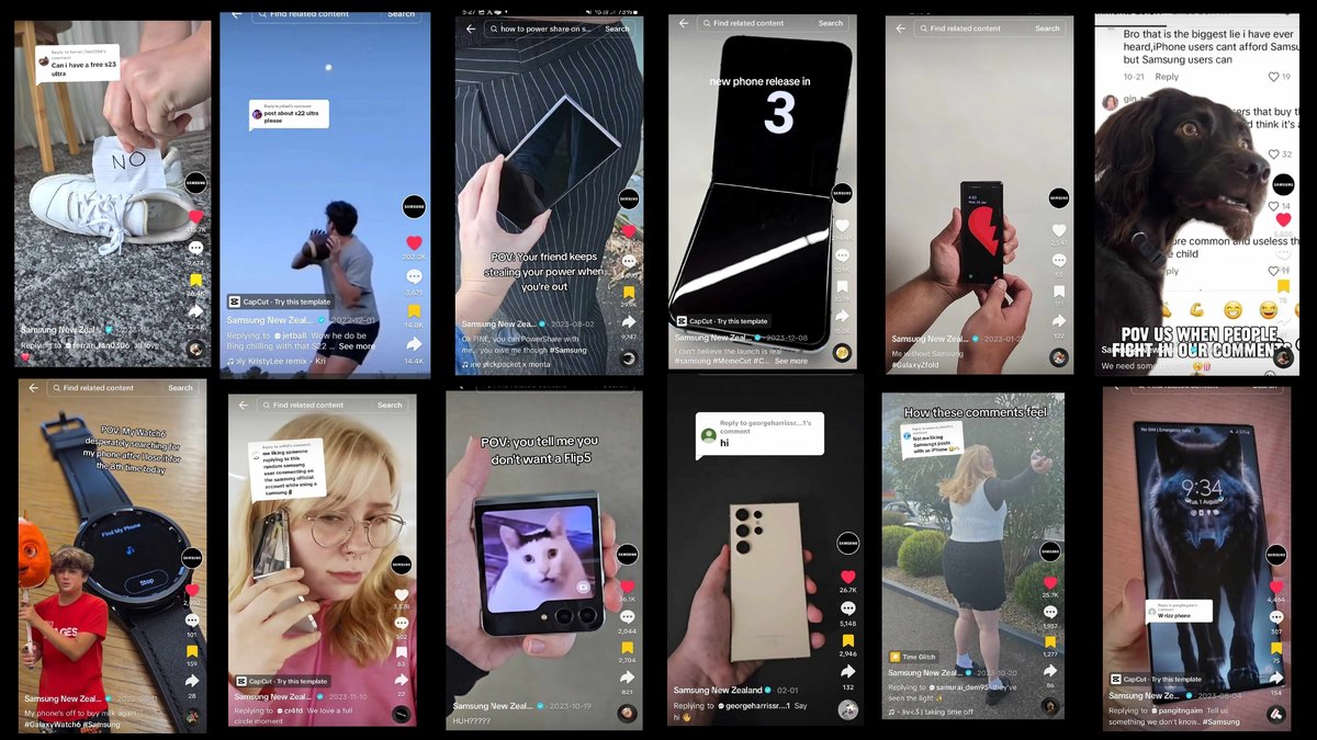 Slaysung supporting evidence board, a grid of Samsung New Zealand TikTok posts