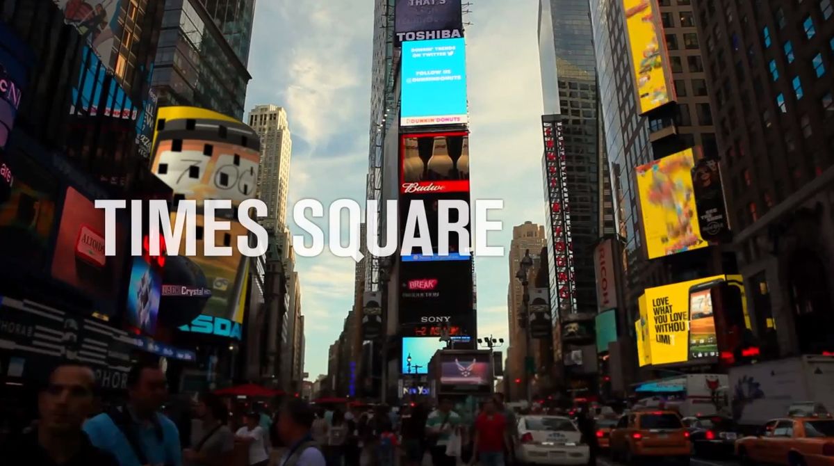 The Unlimited Love billboard answering tweets in Times Square